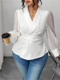 Women's Fashion White Long-Sleeve Slim Waist Plus Size Shirt