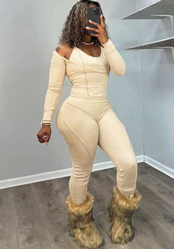 Fall-Winter Women's Ribbed Halter Neck U-Neck Three-Piece Pants Set