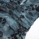 Fall Women's Printed Mesh Halter Neck Lace-Up Long-Sleeve Short Dress