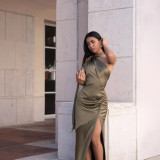 Summer Women's Sexy Halter Neck Low Back Slim Waist Slit Long Dress