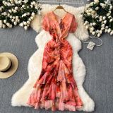 Women's Chic Ruffle Drawstring Slim Waist Slim Fit Print Bodycon Mermaid Gown