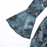 Fall Women's Printed Mesh Halter Neck Lace-Up Long-Sleeve Short Dress