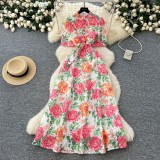 Women's Retro Stand Collar Button-Down Slim Fit Short Sleeve Lace Crochet Long Dress