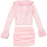 Fall-Winter Women's Sexy Plush Patchwork Lace Long-Sleeve Ruffled Skirt Set