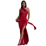 Summer Women's Sexy Halter Neck Low Back Slim Waist Slit Long Dress