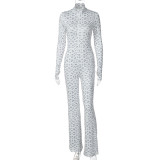 Fall-Winter Women's Leopard Print Bell Bottom Zipper Jumpsuit