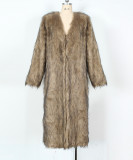 Fall-Winter Women's Fashion V-Neck Long Faux Fur Warm Plush Coat