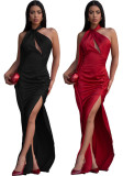 Summer Women's Sexy Halter Neck Low Back Slim Waist Slit Long Dress
