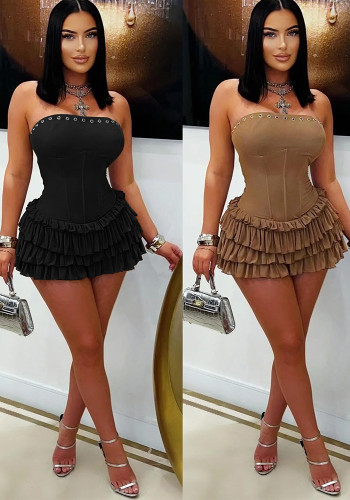 Fashion Women's Sexy Strapless Lace-Up Ruffle Short Dress