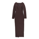 Fall-Winter Women's Sexy U Neck Long-Sleeve Bodycon Long Dress