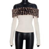 Fall Women's Sexy Leopard Print Patchwork Off-Shoulder Long-Sleeve Top
