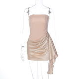 Fall Women's Chic Satin Patchwork Strapless Ruffle Bodycon Dress