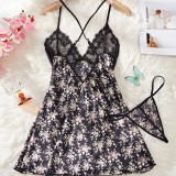 Women's Lace Floral Print Sexy Strap Nightdress with Panty