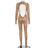Fall-Winter Women's Leopard Print Deep V-Neck Low Back Elastic Jumpsuit