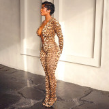 Fall-Winter Women's Leopard Print Deep V-Neck Low Back Elastic Jumpsuit