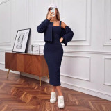 Fall Comfortable Casual Ribbed Coat Dress Two-Piece Set
