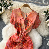 Women's Chic Ruffle Drawstring Slim Waist Slim Fit Print Bodycon Mermaid Gown