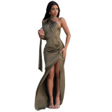 Summer Women's Sexy Halter Neck Low Back Slim Waist Slit Long Dress