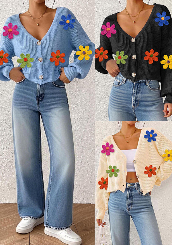 Fall-Winter Women's Embroidered Multi-Color Floral Patchwork Cardigan