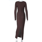 Fall-Winter Women's Sexy U Neck Long-Sleeve Bodycon Long Dress