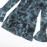 Fall Women's Printed Mesh Halter Neck Lace-Up Long-Sleeve Short Dress