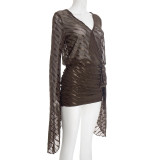 Fall Women's Fashion Wave Pattern Sexy Deep V-Neck Bell Sleeve Bodycon Dress