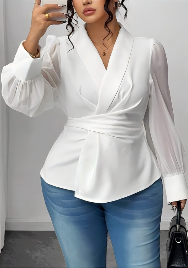 Women's Fashion White Long-Sleeve Slim Waist Plus Size Shirt