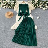 Women's Ruffle Tie Waist Asymmetric Hem Pleated Top Skirt Set