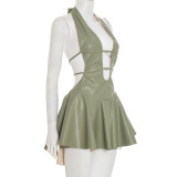 Fall Women's Sexy Faux Leather Metal Decor Halter Neck Low Back Dress