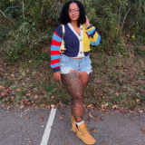 Fall-Winter Women's Striped Color Block Long-Sleeve Sweater Cardigan