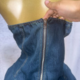 Summer Sexy Fashion Strapless Lace-Up Denim Cargo Wide-Leg Shorts Jumpsuit