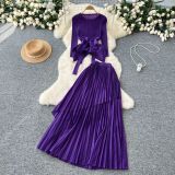 Women's Ruffle Tie Waist Asymmetric Hem Pleated Top Skirt Set