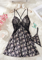 Women's Lace Floral Print Sexy Strap Nightdress with Panty