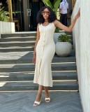 Women's Round Neck Sleeveless Knit Slim Fit Metal Button Tight-Fitting Bodycon Long Dress