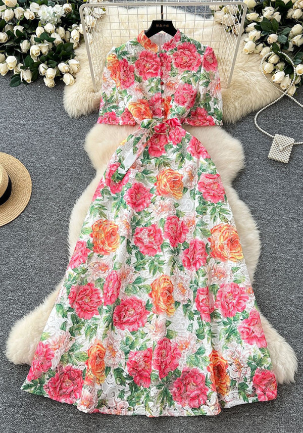 Women's Retro Stand Collar Button-Down Slim Fit Short Sleeve Lace Crochet Long Dress