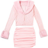 Fall-Winter Women's Sexy Plush Patchwork Lace Long-Sleeve Ruffled Skirt Set