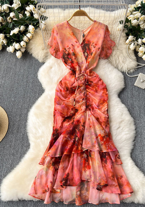 Women's Chic Ruffle Drawstring Slim Waist Slim Fit Print Bodycon Mermaid Gown