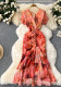 Women's Chic Ruffle Drawstring Slim Waist Slim Fit Print Bodycon Mermaid Gown