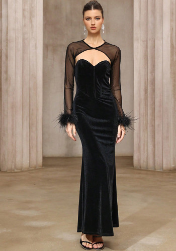 Fashion Plaid Semi-See-Through Mesh Top Velvet Strapless Gown Two-Piece Set