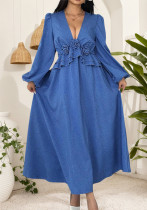Women's V-Neck Slim Waist Blue Ruffle Plus Size Dress Women's V-Neck Slim Waist Blue Ruffle Plus Size Dress