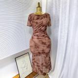 Summer Print Ruffle Round Neck Short Sleeve Mermaid Bodycon Dress