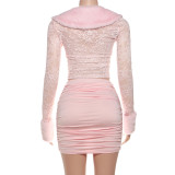 Fall-Winter Women's Sexy Plush Patchwork Lace Long-Sleeve Ruffled Skirt Set