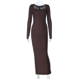 Fall-Winter Women's Sexy U Neck Long-Sleeve Bodycon Long Dress