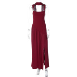 Winter Women's Fashion Chic Strap Slit Solid Color Dress