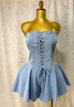 Summer Sexy Fashion Strapless Lace-Up Denim Cargo Wide-Leg Shorts Jumpsuit Summer Sexy Fashion Strapless Lace-Up Denim Cargo Wide-Leg Shorts Jumpsuit