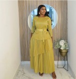 Women's Ruffle Tie Waist Asymmetric Hem Pleated Top Skirt Set