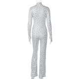 Fall-Winter Women's Leopard Print Bell Bottom Zipper Jumpsuit