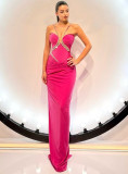 Deep V-Neck Slit Long Crystal Rhinestone Bandage Evening Gown