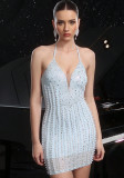 Fashion Women's Party Club Style Mesh Beaded Rhinestone Strap Bodycon Dress