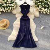 Women's Round Neck Sleeveless Knit Slim Fit Metal Button Tight-Fitting Bodycon Long Dress